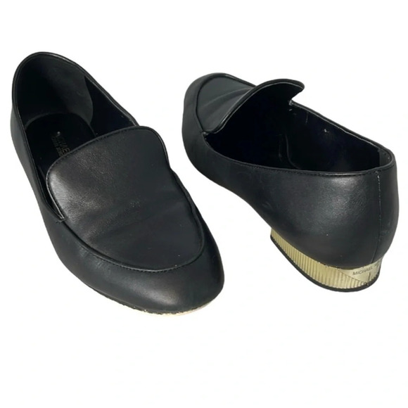 MICHAEL Michael Kors Black Genuine Leather Flat Loafers Gold Logo Heel Size 8M - Picture 13 of 13